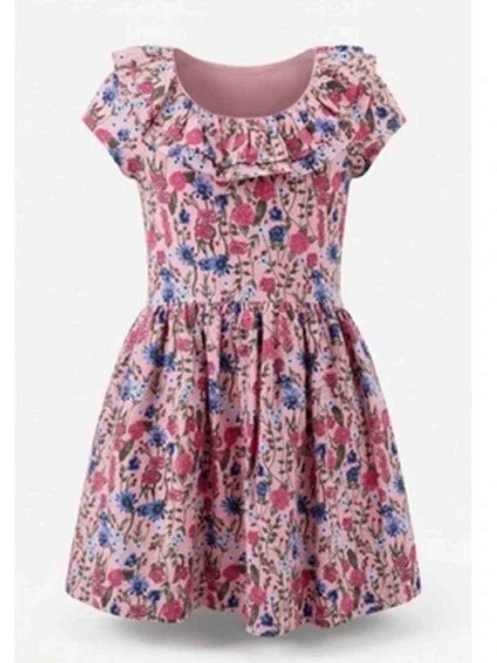 Girls Pink Floral Ruffle Neck Dress